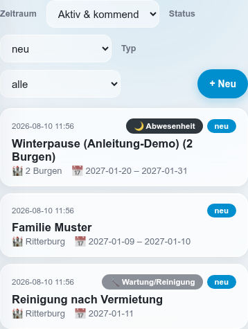 Vorgänge-Liste mit Zeitraum-, Status- und Typ-Filter