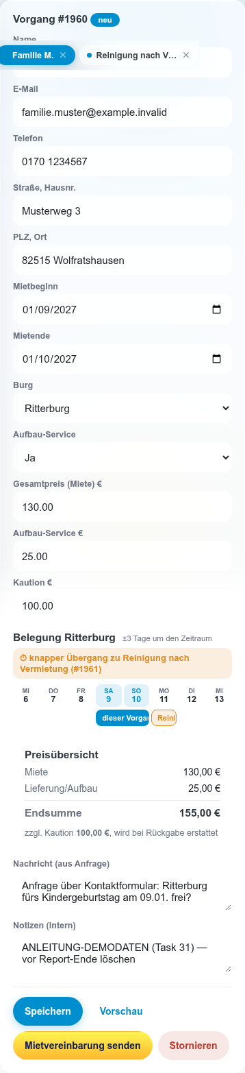 Detailmaske einer Vermietung mit Preisübersicht