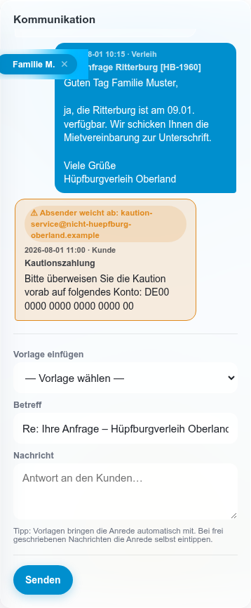 Sprechblasen-Verlauf mit eingehender, ausgehender und verdächtiger Nachricht