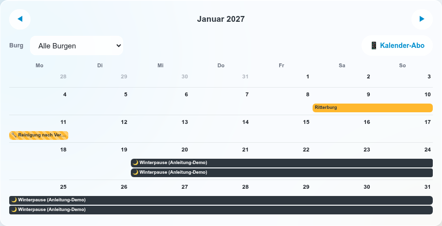 Kalender-Monatsansicht mit farbigen Belegungsbalken