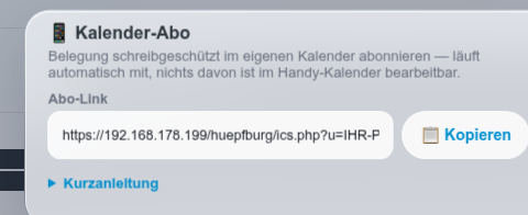 Kalender-Abo-Dialog mit Link und Kurzanleitung