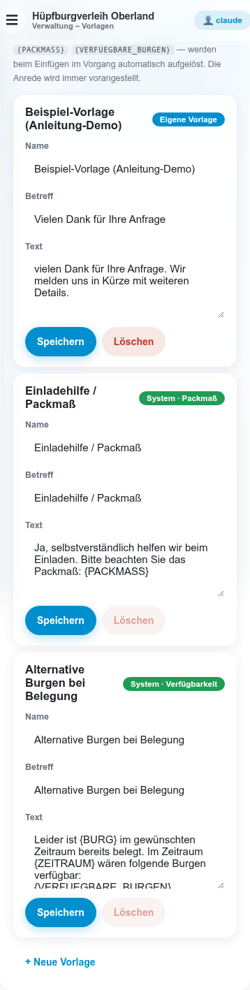Vorlagenverwaltung mit System- und eigenen Vorlagen