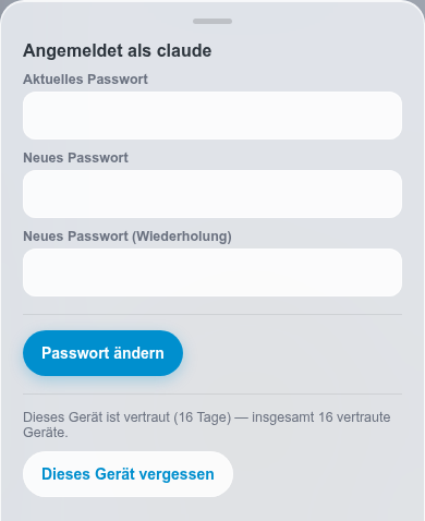 Konto-Menü mit Passwortänderung und Geräte-Status